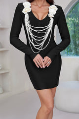 alisa pearl flower embellished bandage mini dress in black