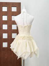 astrid Halter neck 3D flower lace puffy mini dress in white