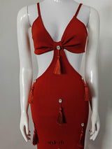 Deep-V Diamond Tassels Bandage Maxi Dress in red