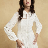 retro single-breasted hollow lace midi dress in white