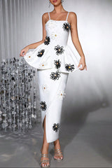 white bodycon midi dress Bandage elastic sling with handmade flower