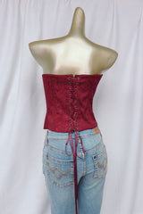 brocade satin strapless corset top in burgundy