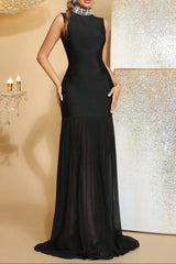 amy Mesh stitching diamond high collar bandage maxi dress in blackx
