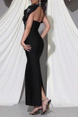 sibyl black Shawl-embellished diamond bandage maxi dress