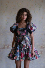 basia floral print ruffle trim hem puff mini dress