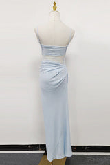 Hollow pleated suspenders with ruffles maxi dress in blue