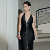 sherry halter rhinestone bandage tassel midi dress in black