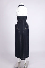 haltered corseted midi dress denim in navy blue