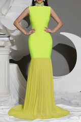 amy Mesh stitching diamond high collar bandage maxi dress in green