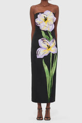 suzanne Appliqué Floral Bustier Maxi Dress in black