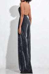 mirabelle halter jumpsuit in black silver