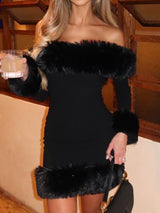 rita Black long-sleeve off-shoulder mini dress with fuzzy details