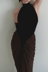 velvet mesh patchwork maxi dress in black