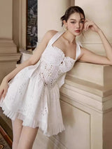 halter embroidered hollow mini dress in white