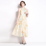 elvira print sleeveless halterneck midi dress in yellow