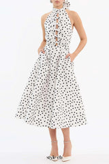 Bow Polka Dot Halter Neck Midi Dress in white