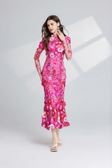 CAROL ROSE RED FLORAL EMBROIDERY MESH LONG SLEEVE MIDI DRESS