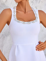anila square neck crystal embellished mini dress in white