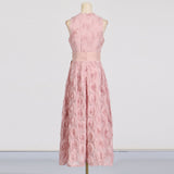 ROSETTE TULLE SATIN WOVEN BELT MIDI DRESS IN PINK