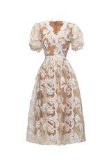 alisa mesh embroidered puff sleeves midi dress in beige