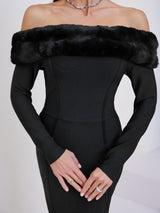 Fuzzy Trim Split Bodycon strapless midi Dress in black