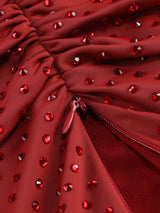 Diamond embellished pleated Midi Dress in merlot