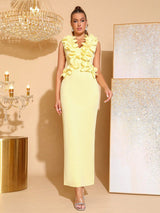 cynthia 3D Flower v-neck Sleeveless bodycon Maxi Dress in yellow