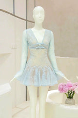 eileen Long-sleeve v-neck lace A-line mini dress in blue