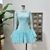 blue Embroidered Flared Mini Dress