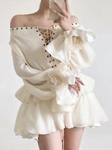 off-shoulder flared sleeve mini shirt dress in white