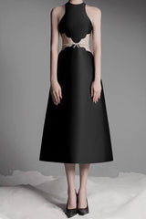 anila pearl chain embellished midi dress in black