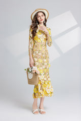 CAROL YELLOW FLORAL EMBROIDERY MESH LONG SLEEVE MIDI DRESS