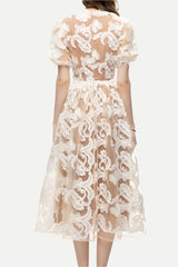 alisa mesh embroidered puff sleeves midi dress in beige