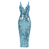 carlin Sequin Deep V Strapless Maxi Dress in blue