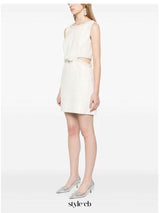 cut out cream boucle pearl mini dress