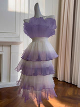 purple gradient pleated ruffle trim layered mini dress
