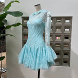 blue Embroidered Flared Mini Dress