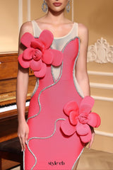 Diamond 3D Flower Sequin Bandage maxi Dress in rose red