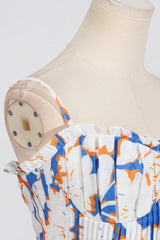 Pleated floral-print linen bustier top skirt set in blue