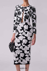 knit floral jacquard midi pencil cardigan skirt set