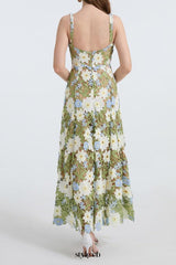 celeste floral hollow stitching maxi dress in green