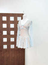 eileen Long-sleeve v-neck lace A-line mini dress in blue