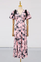 v-neck Satin Floral Midi Dress in pink