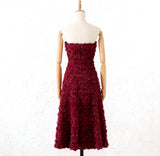 mona 3D Rose Petal Strapless Mesh Maxi Dress in wine red