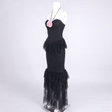 Lace Tiered flower Strapless Maxi Dress in black