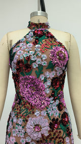 Violet open-back embroidered mini dress