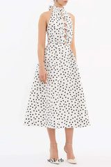 Bow Polka Dot Halter Neck Midi Dress in white