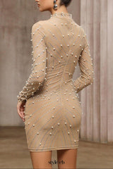 Khaki Tassel Rhinestone Mesh Pearl Hip-Wrap mini Dress