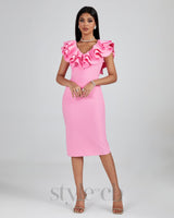 PLEATED RUFFLE BANDAGE MIDI DRESS IN PINK