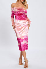 donna pink Off-shoulder Print Velvet long sleeve Midi Dress